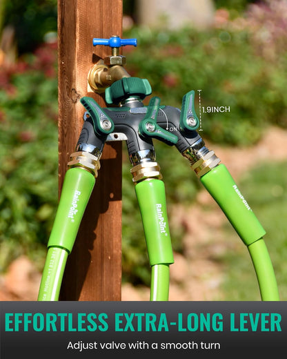 3 Way Hose Splitter, 100% Metal Heavy Duty Garden Hose Splitter With 1.9" Extra Long Handle & Individual Shut Off, 3/4 Inch GHT Thread Water Hose Connector For Outdoor Spigot Faucet (Green)