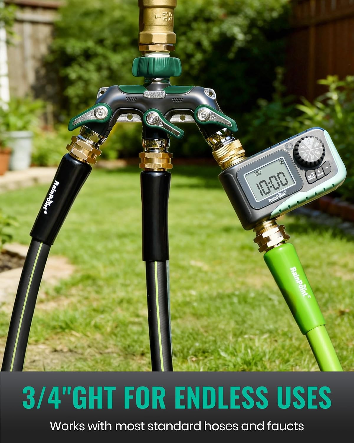 3 Way Hose Splitter, 100% Metal Heavy Duty Garden Hose Splitter With 1.9" Extra Long Handle & Individual Shut Off, 3/4 Inch GHT Thread Water Hose Connector For Outdoor Spigot Faucet (Green)