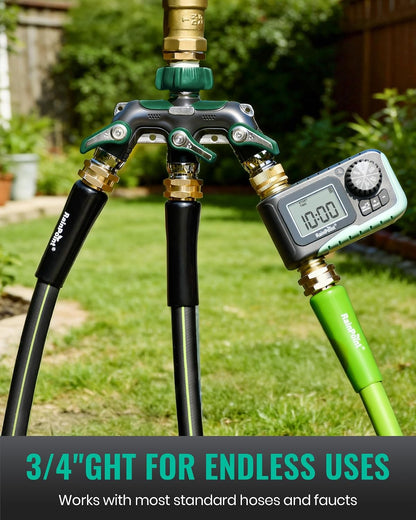 3 Way Hose Splitter, 100% Metal Heavy Duty Garden Hose Splitter With 1.9" Extra Long Handle & Individual Shut Off, 3/4 Inch GHT Thread Water Hose Connector For Outdoor Spigot Faucet (Green)