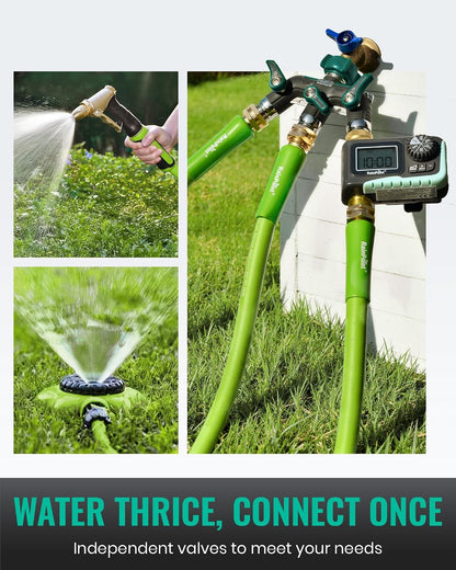 3 Way Hose Splitter, 100% Metal Heavy Duty Garden Hose Splitter With 1.9" Extra Long Handle & Individual Shut Off, 3/4 Inch GHT Thread Water Hose Connector For Outdoor Spigot Faucet (Green)
