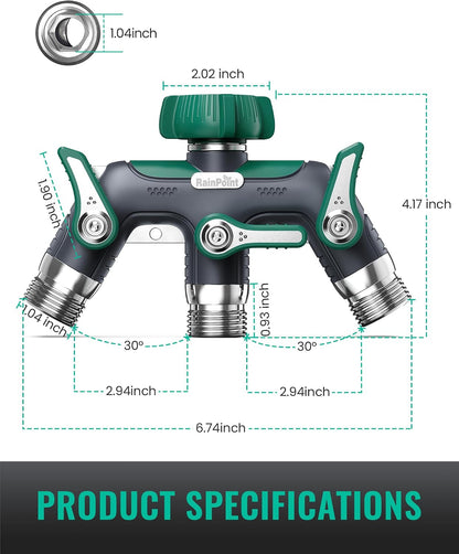 3 Way Hose Splitter, 100% Metal Heavy Duty Garden Hose Splitter With 1.9" Extra Long Handle & Individual Shut Off, 3/4 Inch GHT Thread Water Hose Connector For Outdoor Spigot Faucet (Green)