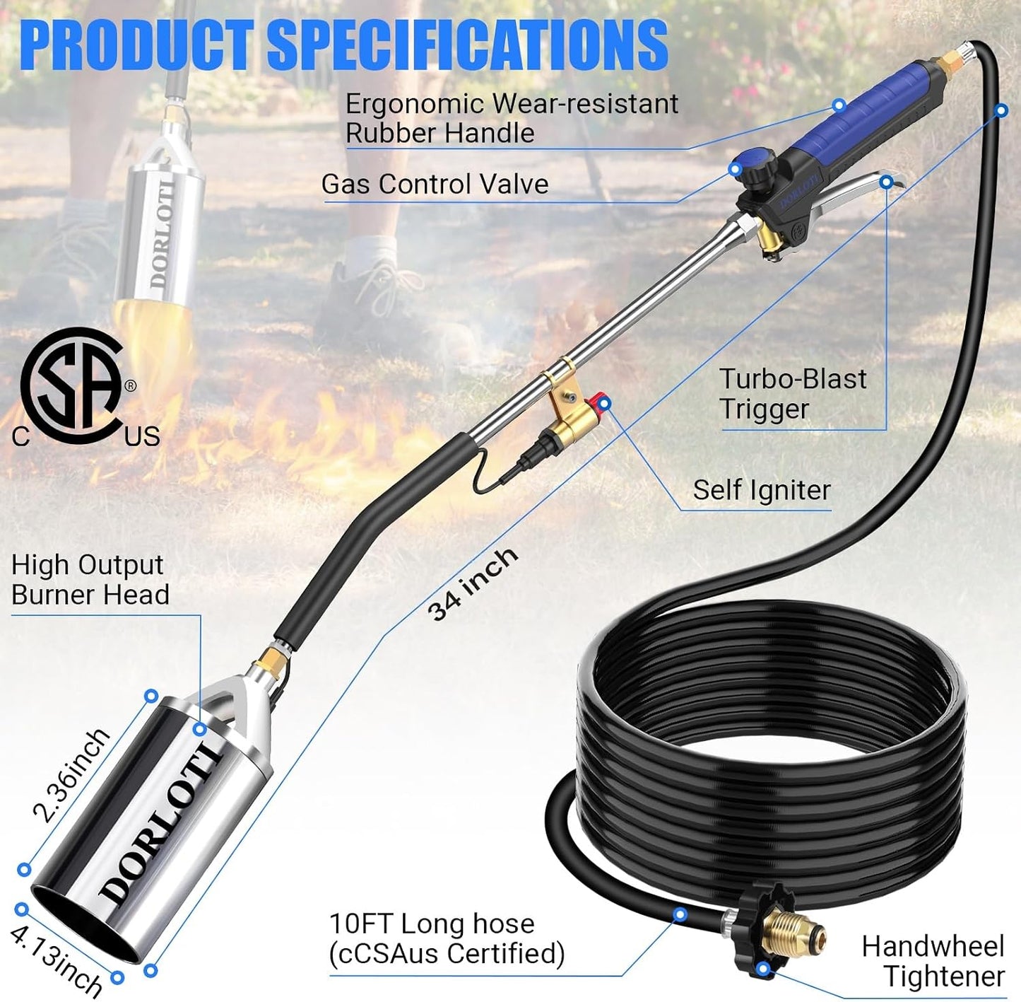 Propane Torch Weed Burner Kit, Blow Torch with 10FT Hose and Storage Bag, Heavy Duty Flame Weeder with Igniter for Weeding, Roofing and BBQ(Propane Tank Not Included)(33.9")