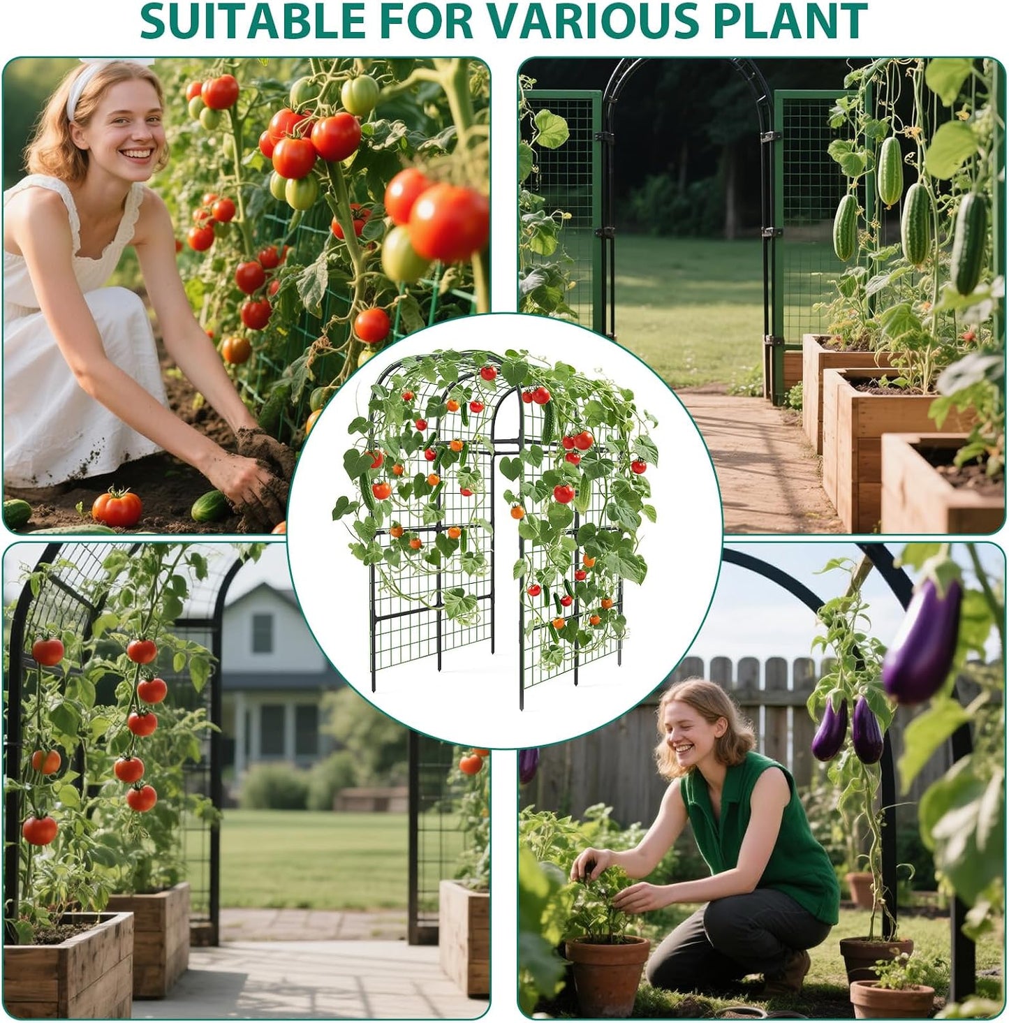 Metal Garden Arch Trellis 7.3 FT, Cucumber & Melon Trellis for Raised Beds, u-Shape Plant Support with Plastic Connectors for Climbing Vegetables, Grapes & Roses, Black
