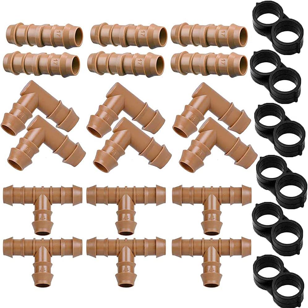 24P Drip Irrigation Fittings Kit for 1/2" Tubing (.600 ID), 17mm Parts- 6 Tees, 6 Couplings, 6 Elbows,6 End Cap Plugs- Barded Connectors for Rain Bird Pipe and Sprinkler Systems (24 Pieces Set)