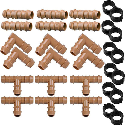 24P Drip Irrigation Fittings Kit for 1/2" Tubing (.600 ID), 17mm Parts- 6 Tees, 6 Couplings, 6 Elbows,6 End Cap Plugs- Barded Connectors for Rain Bird Pipe and Sprinkler Systems (24 Pieces Set)