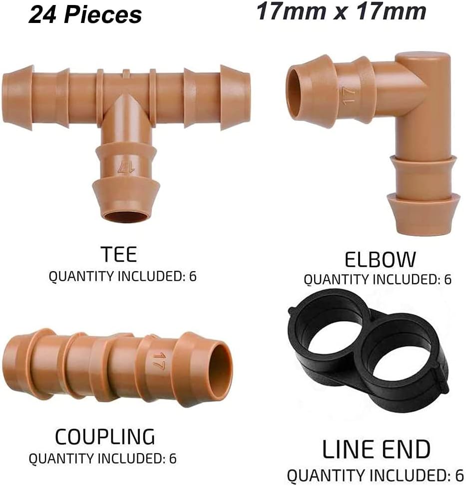 24P Drip Irrigation Fittings Kit for 1/2" Tubing (.600 ID), 17mm Parts- 6 Tees, 6 Couplings, 6 Elbows,6 End Cap Plugs- Barded Connectors for Rain Bird Pipe and Sprinkler Systems (24 Pieces Set)