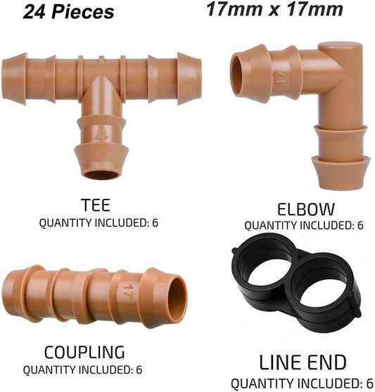 24P Drip Irrigation Fittings Kit for 1/2" Tubing (.600 ID), 17mm Parts- 6 Tees, 6 Couplings, 6 Elbows,6 End Cap Plugs- Barded Connectors for Rain Bird Pipe and Sprinkler Systems (24 Pieces Set)