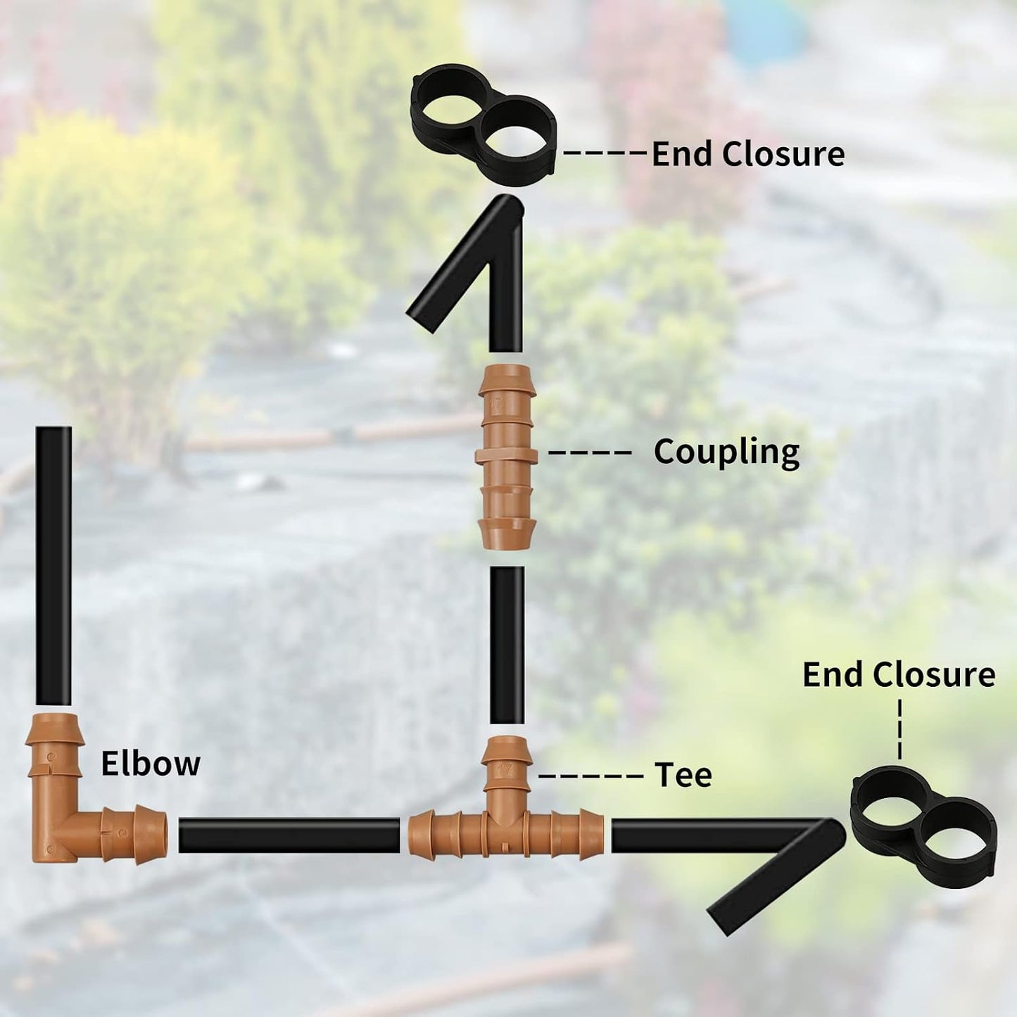 24P Drip Irrigation Fittings Kit for 1/2" Tubing (.600 ID), 17mm Parts- 6 Tees, 6 Couplings, 6 Elbows,6 End Cap Plugs- Barded Connectors for Rain Bird Pipe and Sprinkler Systems (24 Pieces Set)