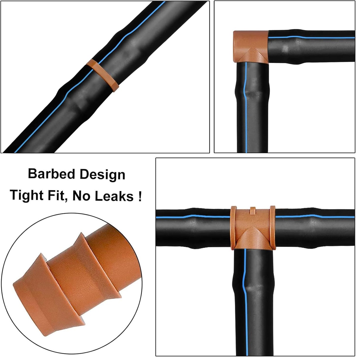 24P Drip Irrigation Fittings Kit for 1/2" Tubing (.600 ID), 17mm Parts- 6 Tees, 6 Couplings, 6 Elbows,6 End Cap Plugs- Barded Connectors for Rain Bird Pipe and Sprinkler Systems (24 Pieces Set)