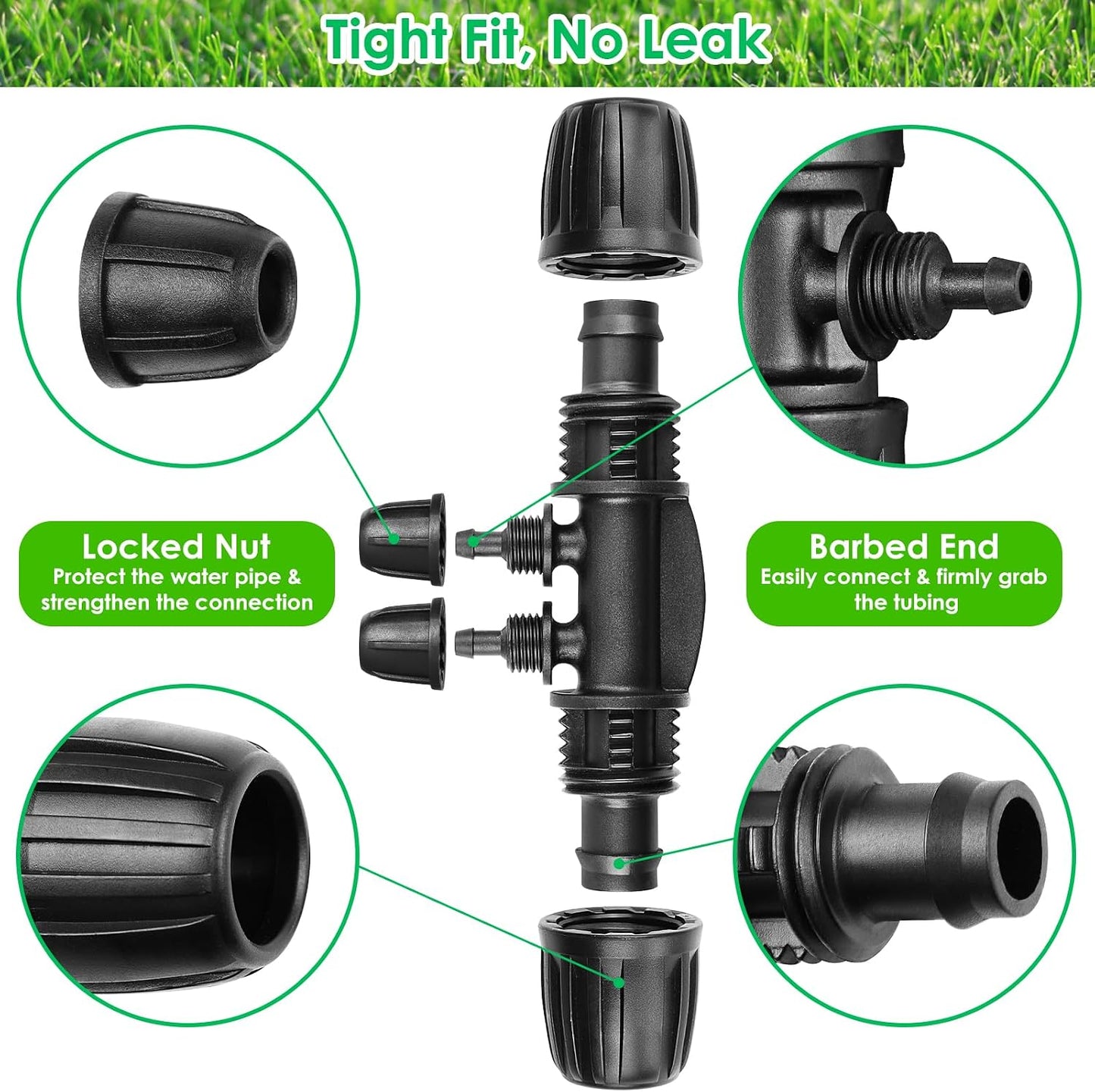 24P Drip Irrigation Fittings Kit for 1/2" Tubing (.600 ID), 17mm Parts- 6 Tees, 6 Couplings, 6 Elbows,6 End Cap Plugs- Barded Connectors for Rain Bird Pipe and Sprinkler Systems (24 Pieces Set)