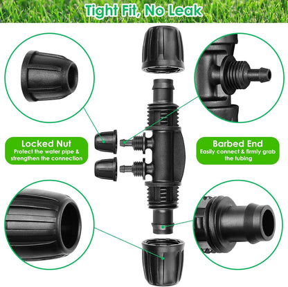 24P Drip Irrigation Fittings Kit for 1/2" Tubing (.600 ID), 17mm Parts- 6 Tees, 6 Couplings, 6 Elbows,6 End Cap Plugs- Barded Connectors for Rain Bird Pipe and Sprinkler Systems (24 Pieces Set)
