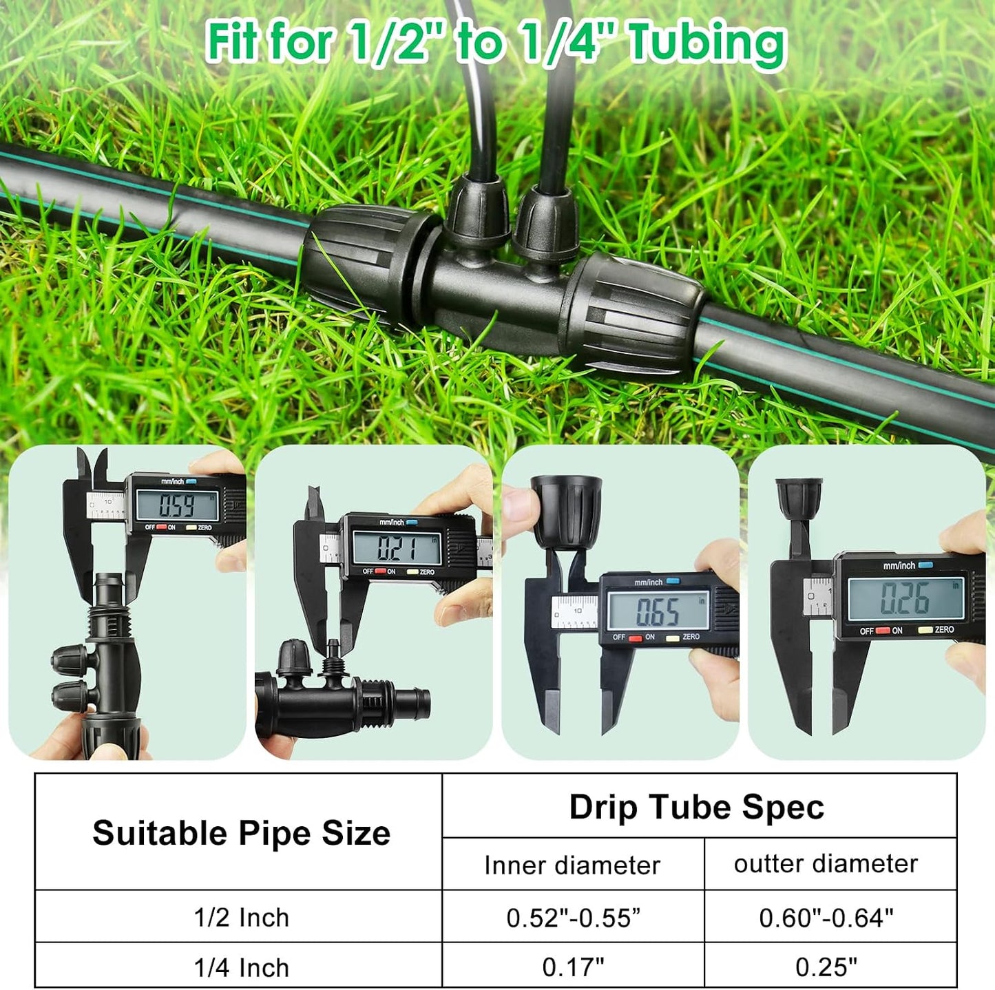 24P Drip Irrigation Fittings Kit for 1/2" Tubing (.600 ID), 17mm Parts- 6 Tees, 6 Couplings, 6 Elbows,6 End Cap Plugs- Barded Connectors for Rain Bird Pipe and Sprinkler Systems (24 Pieces Set)