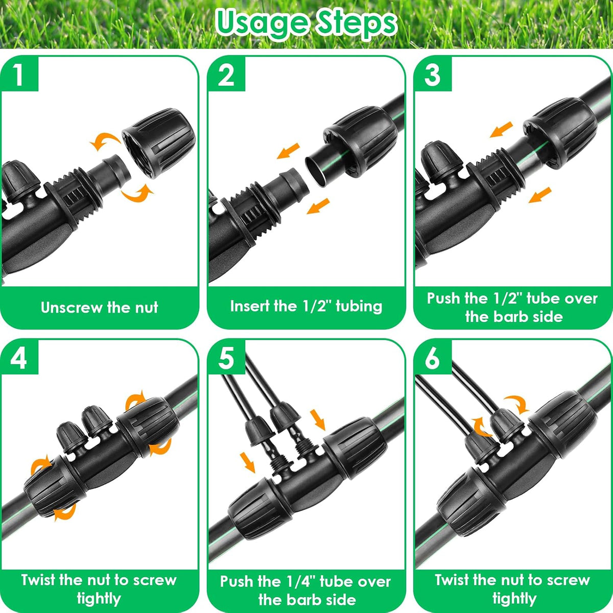 24P Drip Irrigation Fittings Kit for 1/2" Tubing (.600 ID), 17mm Parts- 6 Tees, 6 Couplings, 6 Elbows,6 End Cap Plugs- Barded Connectors for Rain Bird Pipe and Sprinkler Systems (24 Pieces Set)