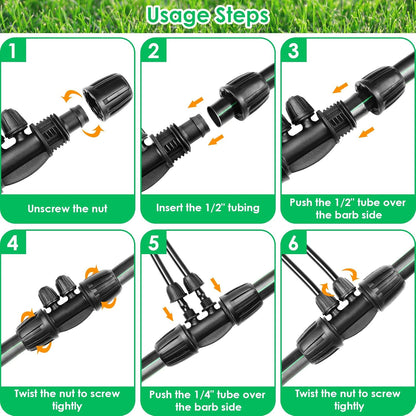 24P Drip Irrigation Fittings Kit for 1/2" Tubing (.600 ID), 17mm Parts- 6 Tees, 6 Couplings, 6 Elbows,6 End Cap Plugs- Barded Connectors for Rain Bird Pipe and Sprinkler Systems (24 Pieces Set)