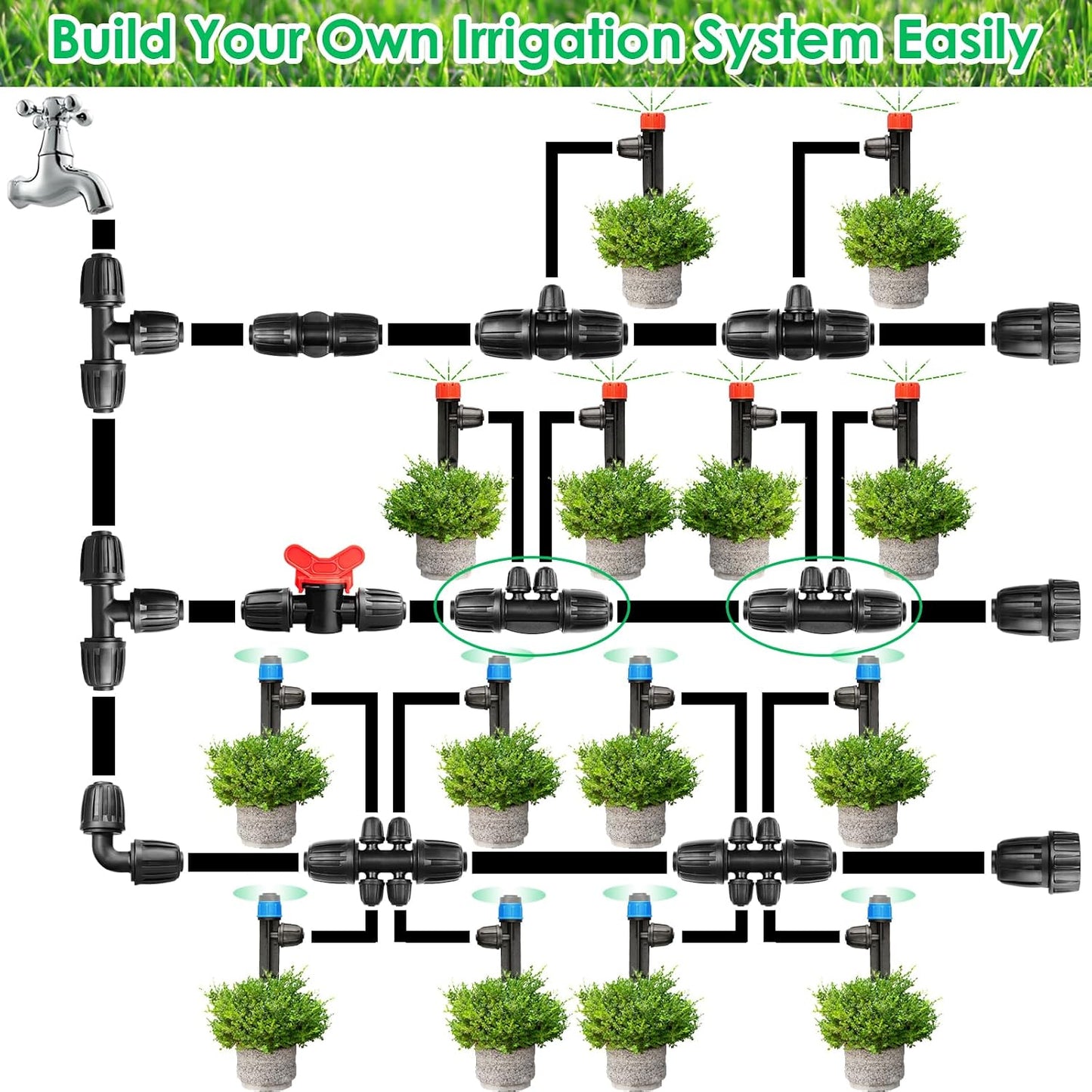 24P Drip Irrigation Fittings Kit for 1/2" Tubing (.600 ID), 17mm Parts- 6 Tees, 6 Couplings, 6 Elbows,6 End Cap Plugs- Barded Connectors for Rain Bird Pipe and Sprinkler Systems (24 Pieces Set)