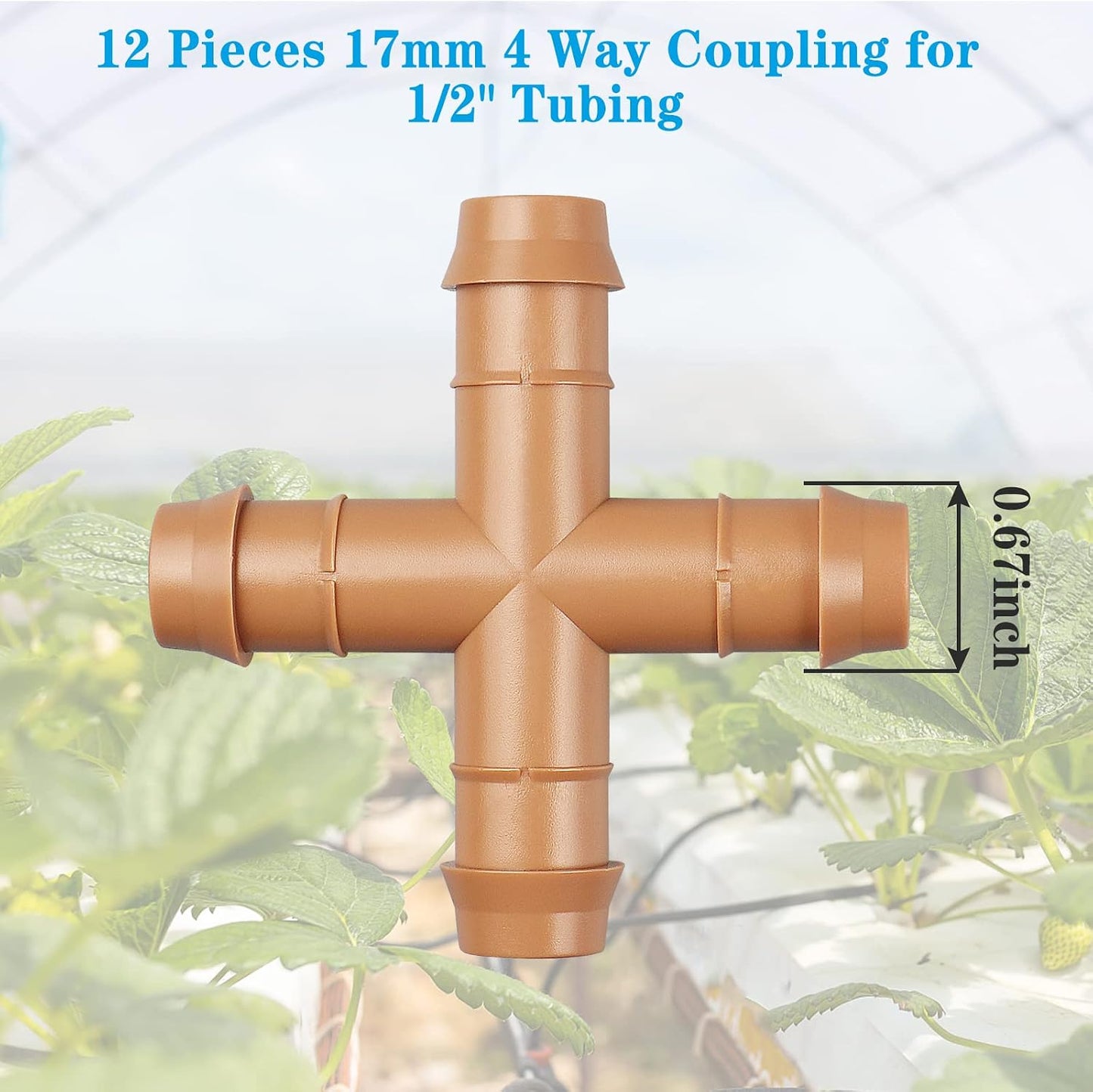 24P Drip Irrigation Fittings Kit for 1/2" Tubing (.600 ID), 17mm Parts- 6 Tees, 6 Couplings, 6 Elbows,6 End Cap Plugs- Barded Connectors for Rain Bird Pipe and Sprinkler Systems (24 Pieces Set)