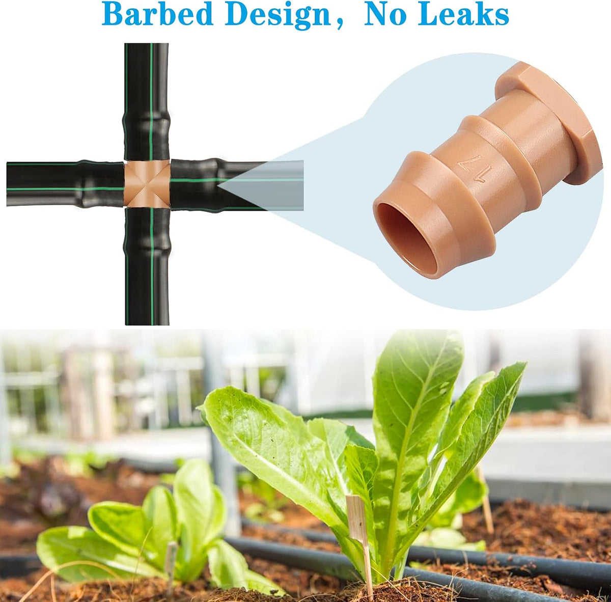 24P Drip Irrigation Fittings Kit for 1/2" Tubing (.600 ID), 17mm Parts- 6 Tees, 6 Couplings, 6 Elbows,6 End Cap Plugs- Barded Connectors for Rain Bird Pipe and Sprinkler Systems (24 Pieces Set)