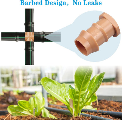 24P Drip Irrigation Fittings Kit for 1/2" Tubing (.600 ID), 17mm Parts- 6 Tees, 6 Couplings, 6 Elbows,6 End Cap Plugs- Barded Connectors for Rain Bird Pipe and Sprinkler Systems (24 Pieces Set)