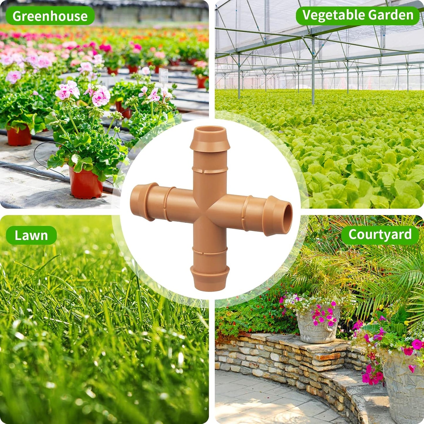 24P Drip Irrigation Fittings Kit for 1/2" Tubing (.600 ID), 17mm Parts- 6 Tees, 6 Couplings, 6 Elbows,6 End Cap Plugs- Barded Connectors for Rain Bird Pipe and Sprinkler Systems (24 Pieces Set)