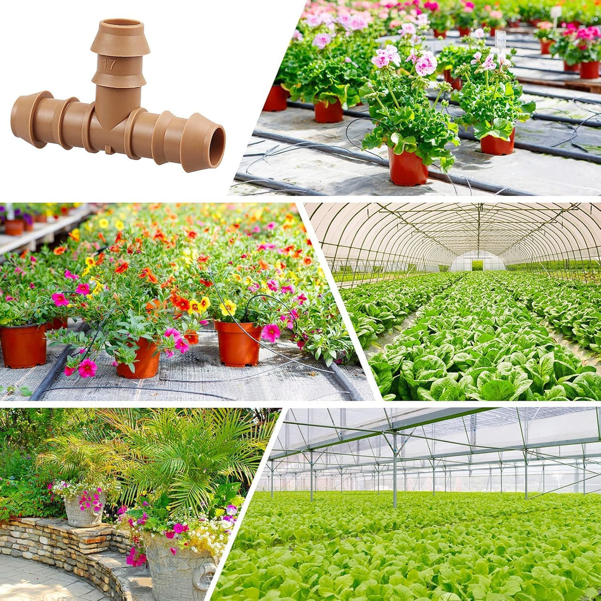 24P Drip Irrigation Fittings Kit for 1/2" Tubing (.600 ID), 17mm Parts- 6 Tees, 6 Couplings, 6 Elbows,6 End Cap Plugs- Barded Connectors for Rain Bird Pipe and Sprinkler Systems (24 Pieces Set)