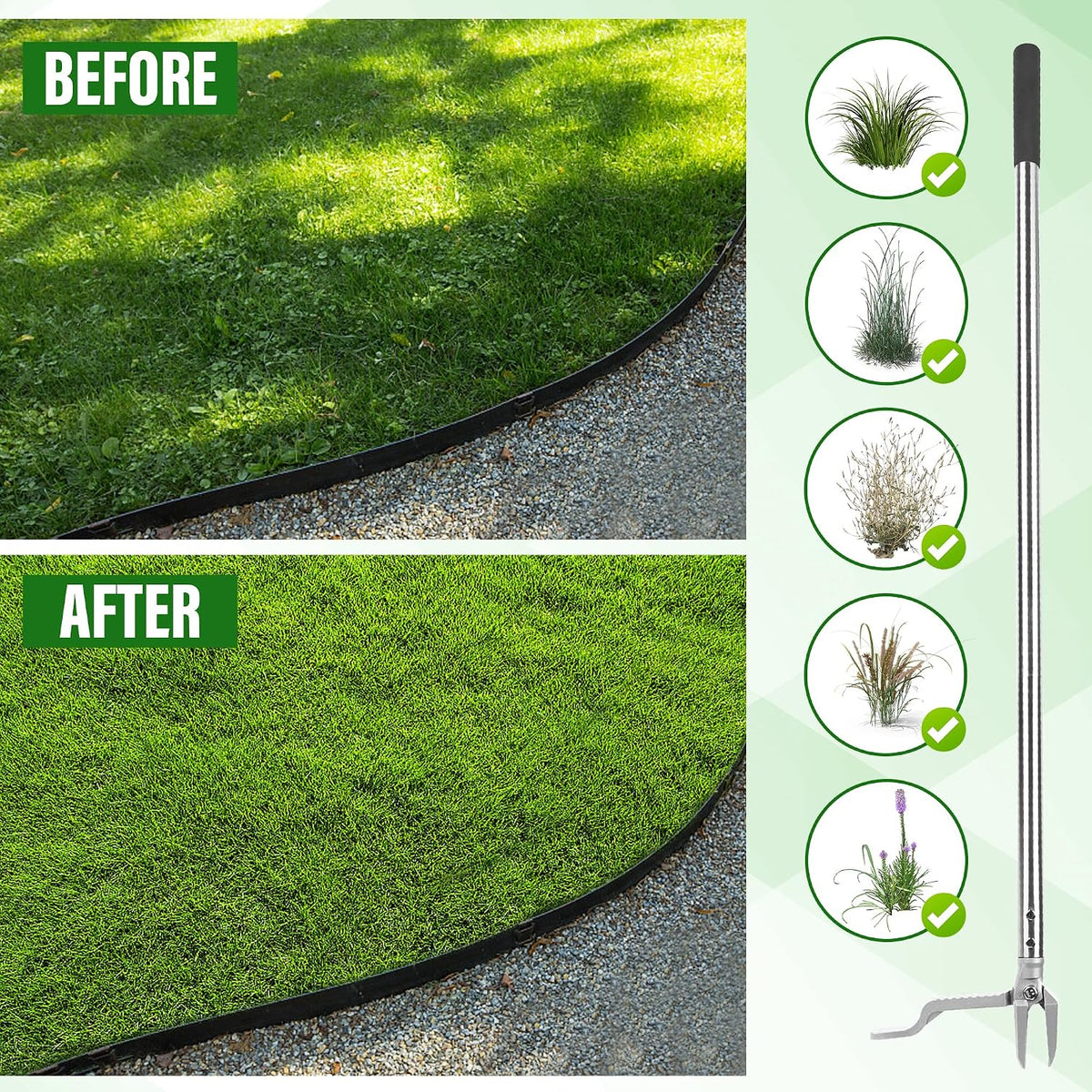 Weed Puller Tool, Stand Up Heavy Duty Weed Remover with 3-Claw Steel Head, 45.6" Long Handle, Root Removal Weeding Tool for Garden Lawn Yard, No Bending or Kneeling