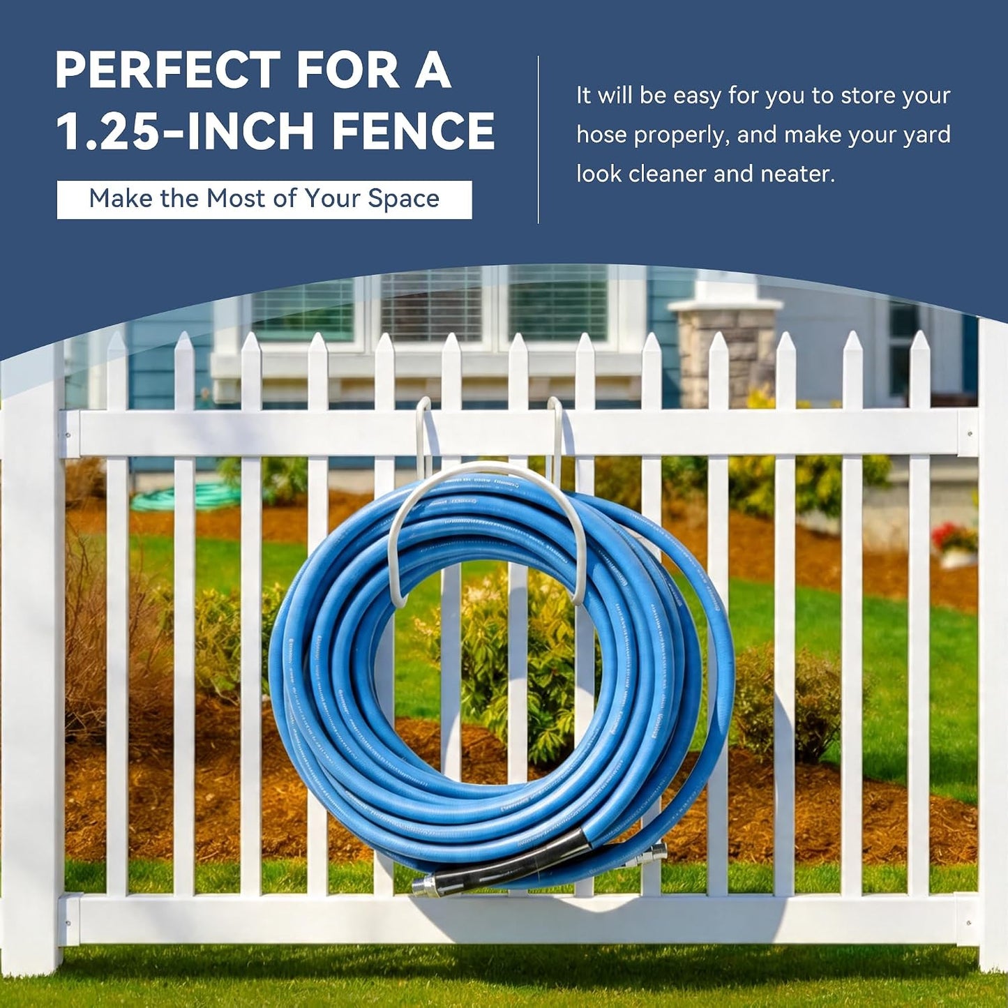 Heavy Duty Garden Hose Holder for Fence, Fits 2" Railings, White
