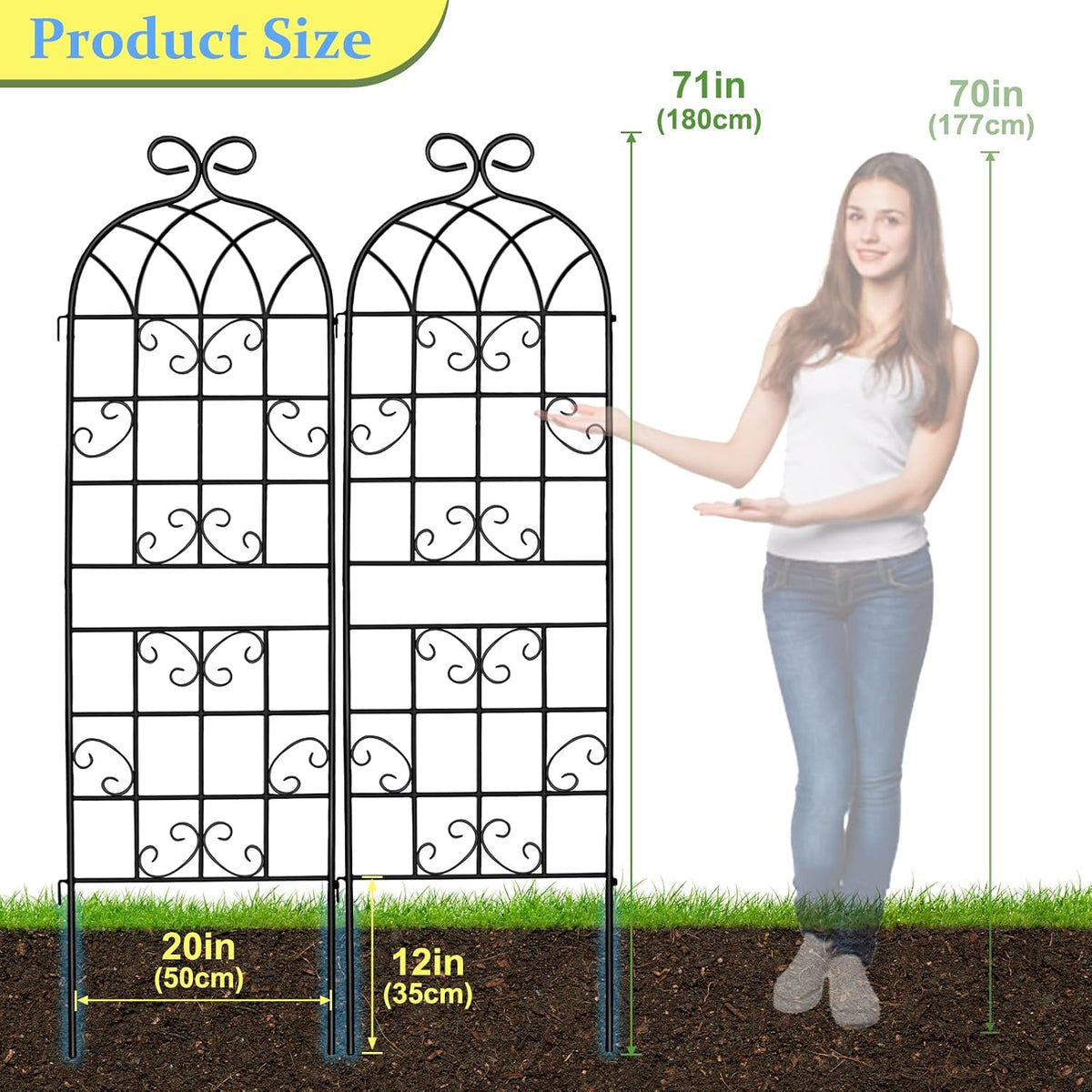 Lorenzo 2 Pcs 70 x 20 Inch Rustic Iron Garden Trellis for Climbing Plants Outdoor, Black Metal Arch Decoration Plant Supporting Perfect for Roses Flower Cucumbers Courtyards Lawns Clematis