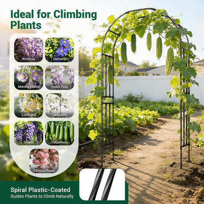 Garden Arch Trellis for Climbing Plants, 1.3x7.9ft Steel with UV-Resistant PE Coating Arbor Outdoor, Vertical Support for Vines Flowers Vegetable, Wedding Archway (Black)