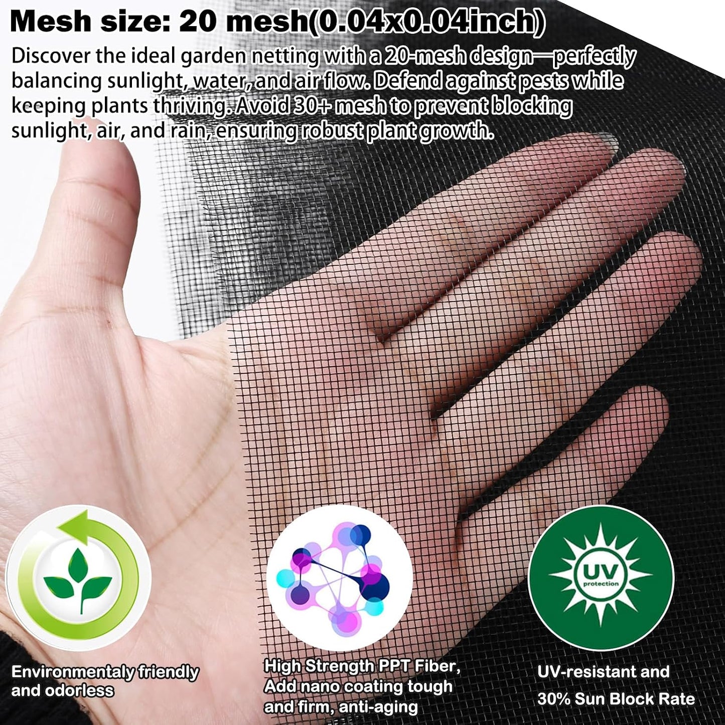 Thicker Garden Mesh Netting, 10’ x 33’ Ultra Fine Black Plant Row Covers for Vegetables Plants Fruits Flowers Protection, Nano PPT, Shading Rate 30%