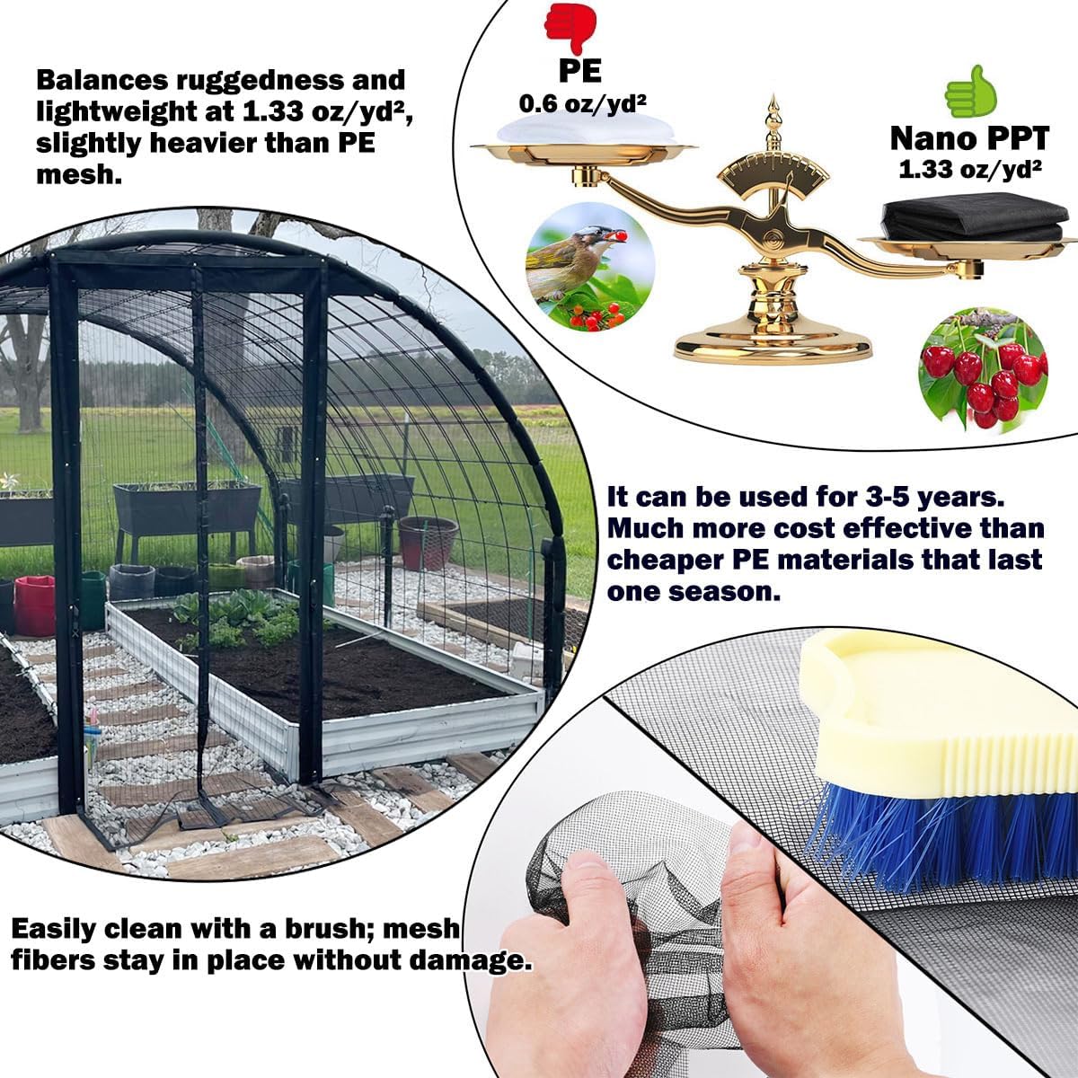 Thicker Garden Mesh Netting, 10’ x 33’ Ultra Fine Black Plant Row Covers for Vegetables Plants Fruits Flowers Protection, Nano PPT, Shading Rate 30%