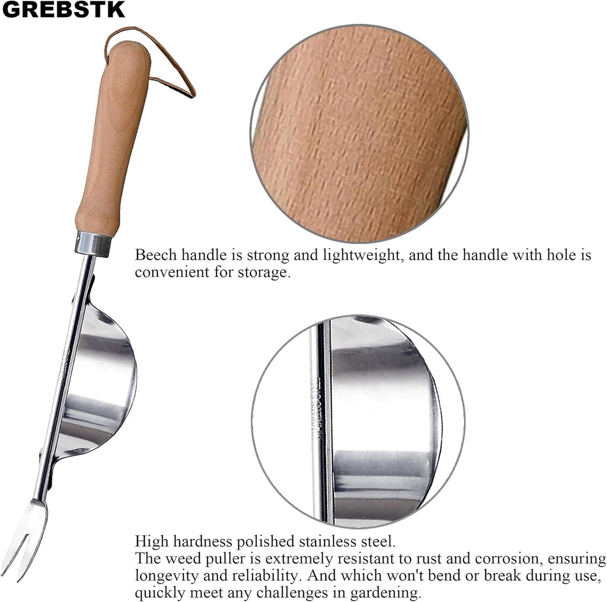 Hand Fork Stainless Steel Beech Handle Garden Tool Hand Weeder Fork for Aerating, Planting, Spreading Mulch, Weeding, Loosening, Transplanting Soil