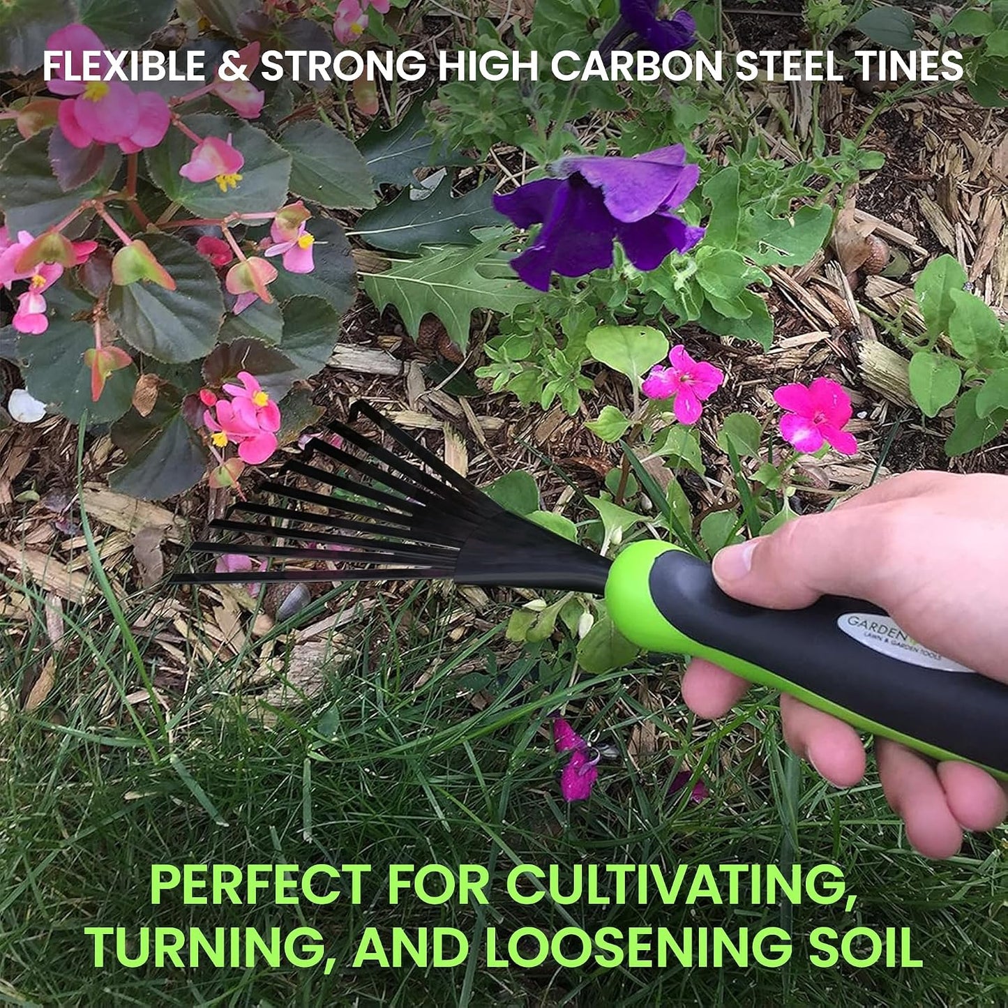 Hand Rake Soil Tiller Tool with Ergonomic Handle – Strong Carbon Steel - Rust Resistant – Great for Gardening, Cultivating, Loosening Soil & Spreading Mulch, Raking Flower Beds