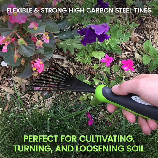 Hand Rake Soil Tiller Tool with Ergonomic Handle – Strong Carbon Steel - Rust Resistant – Great for Gardening, Cultivating, Loosening Soil & Spreading Mulch, Raking Flower Beds