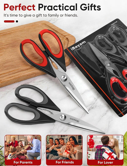 iBayam 2 Pack All Purpose Kitchen Scissors Shears Heavy Duty, Blade Covers