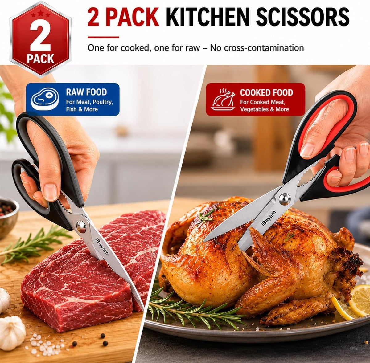 iBayam 2 Pack All Purpose Kitchen Scissors Shears Heavy Duty, Blade Covers