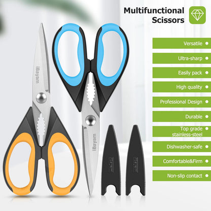 iBayam 2 Pack All Purpose Kitchen Scissors Shears Heavy Duty, Blade Covers