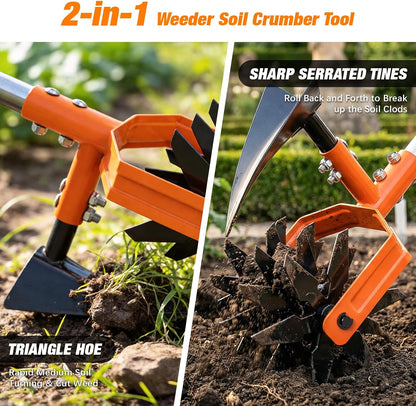 GINMIC Hand Tiller Garden Cultivator, Garden Tiller with Upgrated Triangle Hoe and Adjustable Long Handle, 2-in-1 Weeder & Soil Aerator for Lawn Care, Cultivate, Plant, Reseed, Gardening Hand Tools