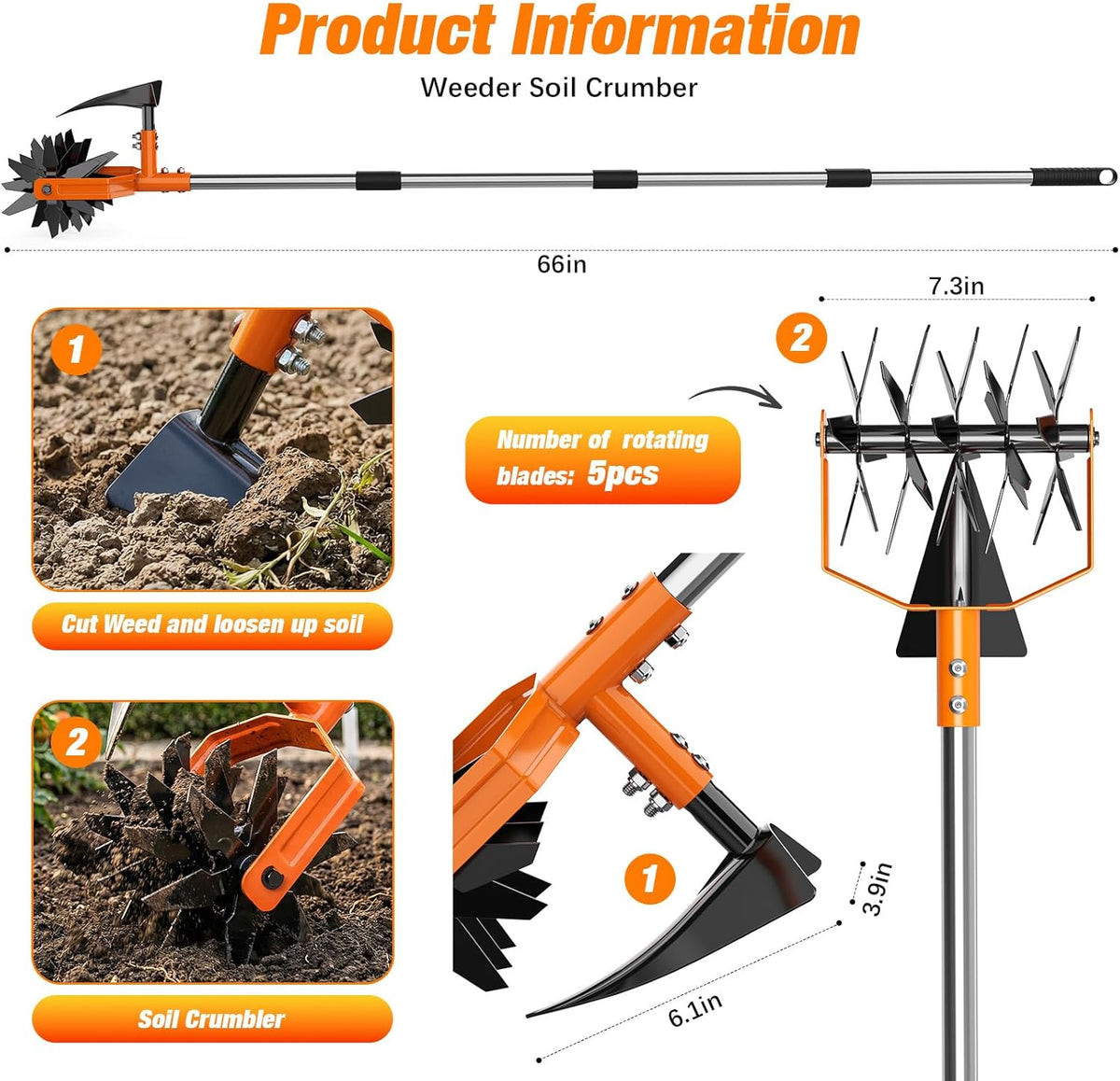 GINMIC Hand Tiller Garden Cultivator, Garden Tiller with Upgrated Triangle Hoe and Adjustable Long Handle, 2-in-1 Weeder & Soil Aerator for Lawn Care, Cultivate, Plant, Reseed, Gardening Hand Tools