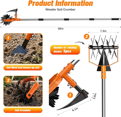 GINMIC Hand Tiller Garden Cultivator, Garden Tiller with Upgrated Triangle Hoe and Adjustable Long Handle, 2-in-1 Weeder & Soil Aerator for Lawn Care, Cultivate, Plant, Reseed, Gardening Hand Tools