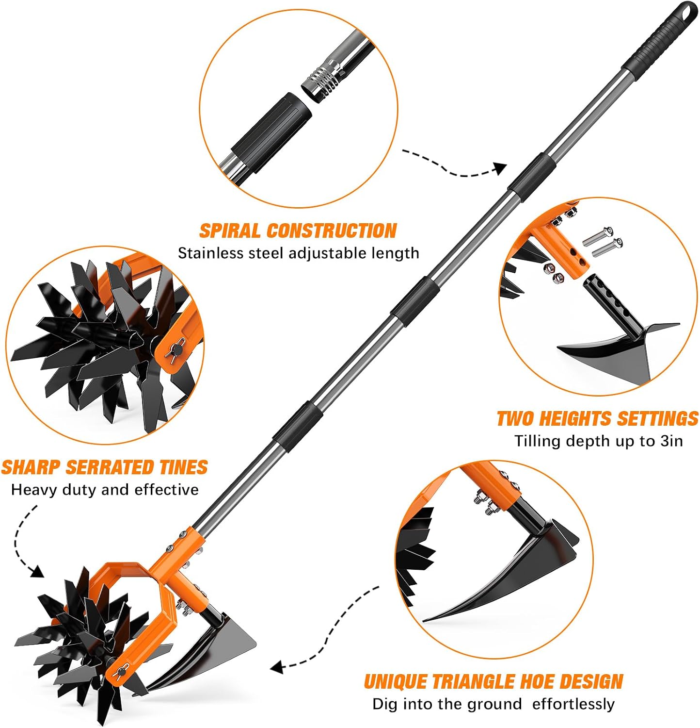 GINMIC Hand Tiller Garden Cultivator, Garden Tiller with Upgrated Triangle Hoe and Adjustable Long Handle, 2-in-1 Weeder & Soil Aerator for Lawn Care, Cultivate, Plant, Reseed, Gardening Hand Tools