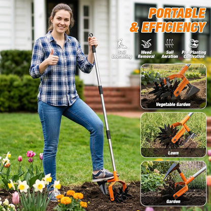 GINMIC Hand Tiller Garden Cultivator, Garden Tiller with Upgrated Triangle Hoe and Adjustable Long Handle, 2-in-1 Weeder & Soil Aerator for Lawn Care, Cultivate, Plant, Reseed, Gardening Hand Tools
