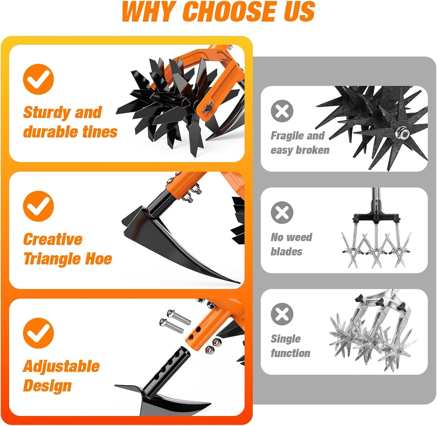 GINMIC Hand Tiller Garden Cultivator, Garden Tiller with Upgrated Triangle Hoe and Adjustable Long Handle, 2-in-1 Weeder & Soil Aerator for Lawn Care, Cultivate, Plant, Reseed, Gardening Hand Tools