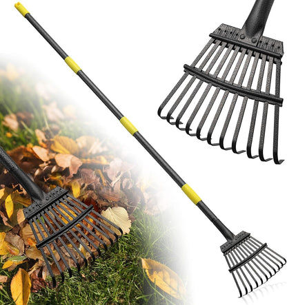 Rake for Leaves: Small Metal Garden Rake, 8.5" Wide, 11 Metal Tines,Heavy Duty Lightweight Kids Leaf Rakes for Small Lawn Yard Shrub,Tight Spot Garden Bed Leaf Debris Picking Cleaning, 60” Long Handle
