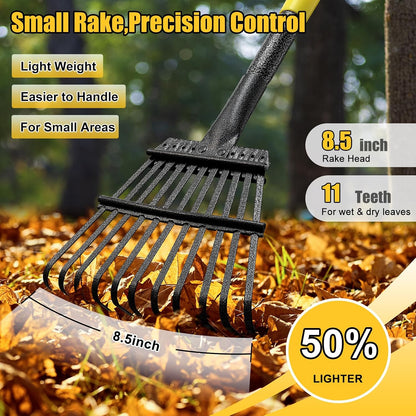 Rake for Leaves: Small Metal Garden Rake, 8.5" Wide, 11 Metal Tines,Heavy Duty Lightweight Kids Leaf Rakes for Small Lawn Yard Shrub,Tight Spot Garden Bed Leaf Debris Picking Cleaning, 60” Long Handle