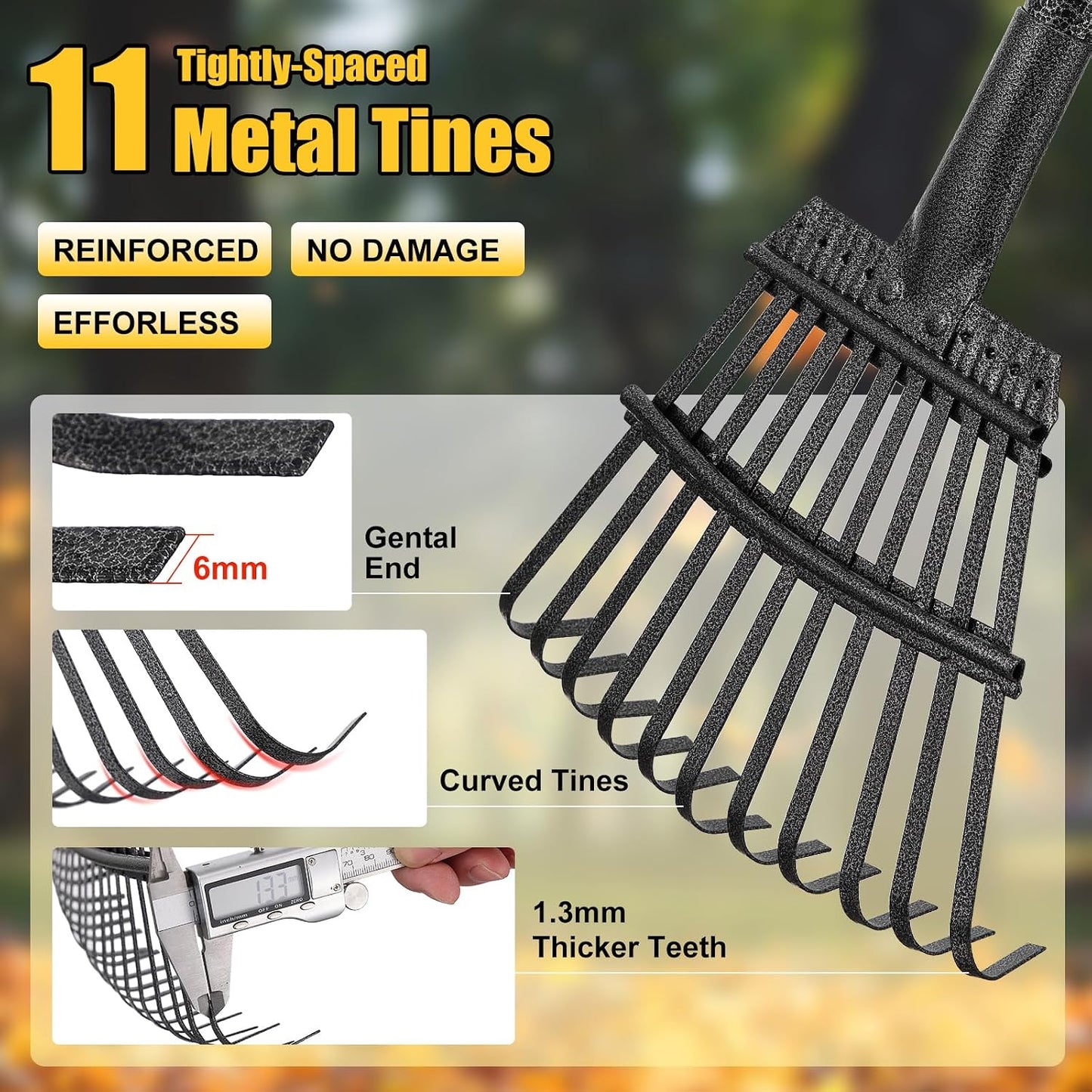 Rake for Leaves: Small Metal Garden Rake, 8.5" Wide, 11 Metal Tines,Heavy Duty Lightweight Kids Leaf Rakes for Small Lawn Yard Shrub,Tight Spot Garden Bed Leaf Debris Picking Cleaning, 60” Long Handle