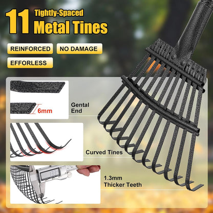 Rake for Leaves: Small Metal Garden Rake, 8.5" Wide, 11 Metal Tines,Heavy Duty Lightweight Kids Leaf Rakes for Small Lawn Yard Shrub,Tight Spot Garden Bed Leaf Debris Picking Cleaning, 60” Long Handle