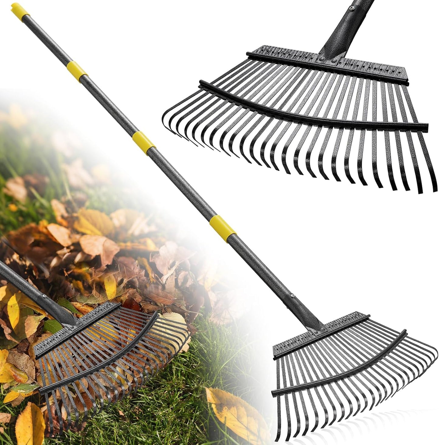 Rake for Leaves: Small Metal Garden Rake, 8.5" Wide, 11 Metal Tines,Heavy Duty Lightweight Kids Leaf Rakes for Small Lawn Yard Shrub,Tight Spot Garden Bed Leaf Debris Picking Cleaning, 60” Long Handle
