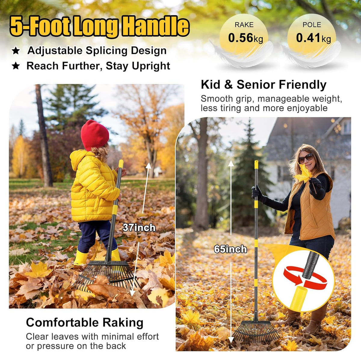 Rake for Leaves: Small Metal Garden Rake, 8.5" Wide, 11 Metal Tines,Heavy Duty Lightweight Kids Leaf Rakes for Small Lawn Yard Shrub,Tight Spot Garden Bed Leaf Debris Picking Cleaning, 60” Long Handle