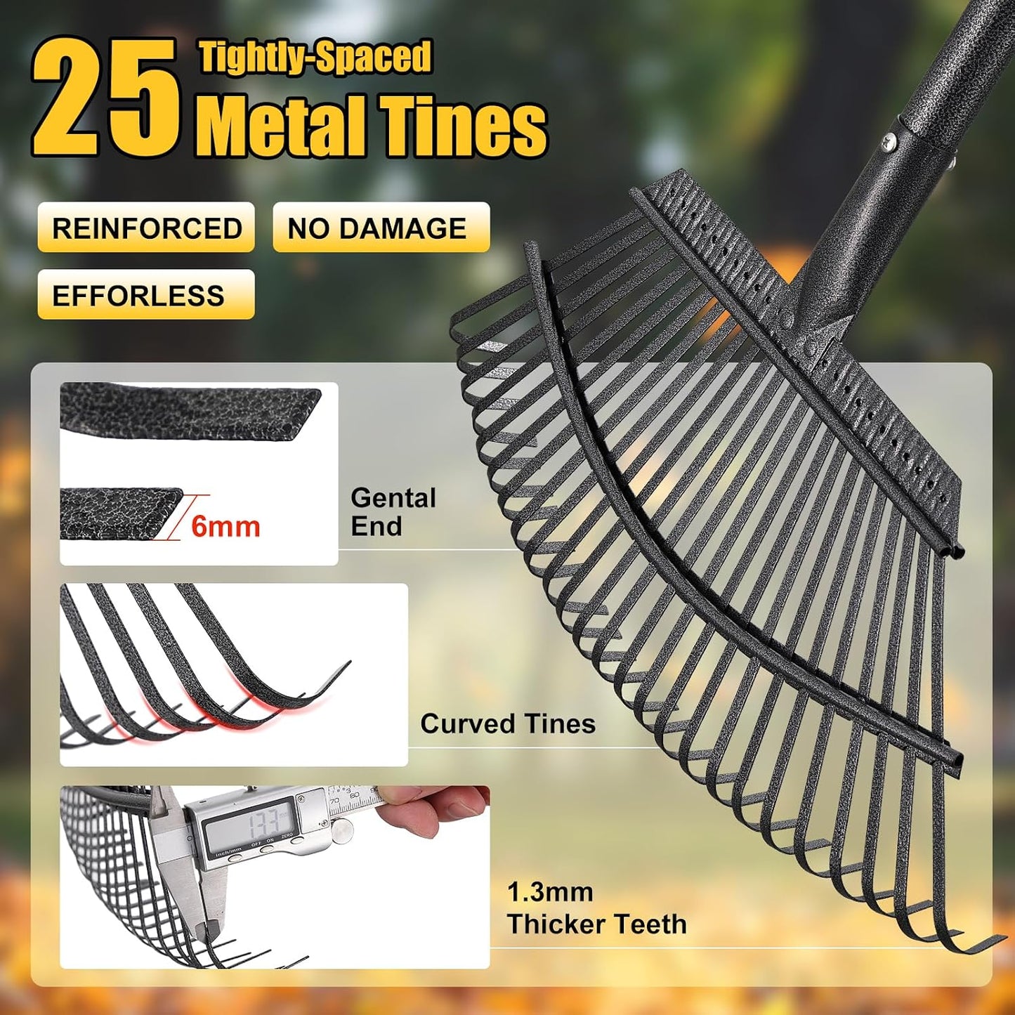 Rake for Leaves: Small Metal Garden Rake, 8.5" Wide, 11 Metal Tines,Heavy Duty Lightweight Kids Leaf Rakes for Small Lawn Yard Shrub,Tight Spot Garden Bed Leaf Debris Picking Cleaning, 60” Long Handle