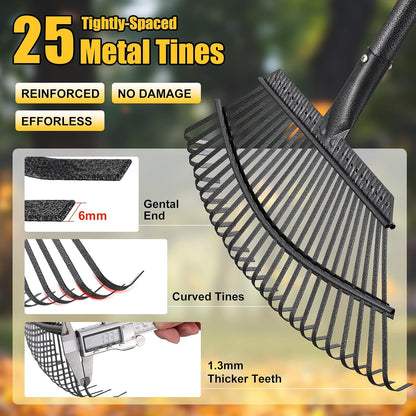 Rake for Leaves: Small Metal Garden Rake, 8.5" Wide, 11 Metal Tines,Heavy Duty Lightweight Kids Leaf Rakes for Small Lawn Yard Shrub,Tight Spot Garden Bed Leaf Debris Picking Cleaning, 60” Long Handle